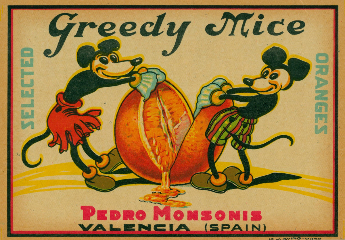 Greedy Mice-  Spanish Crate Label - Authentic Vintage Antique Print