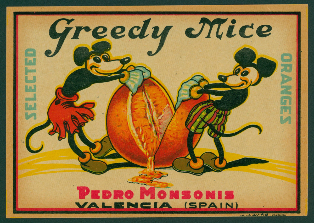 Greedy Mice-  Spanish Crate Label - Authentic Vintage Antique Print