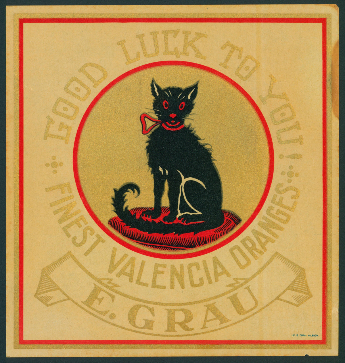 Good Luck Cat- Spanish Crate Label - Authentic Vintage Antique Print