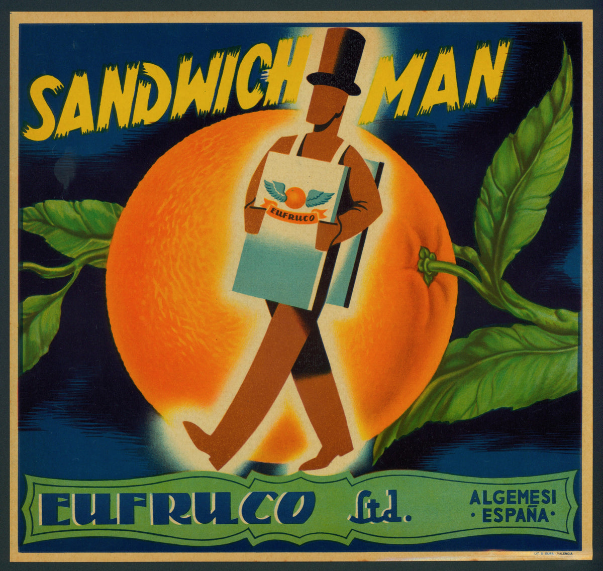 Sandwich Man- Spanish Crate Label - Authentic Vintage Antique Print