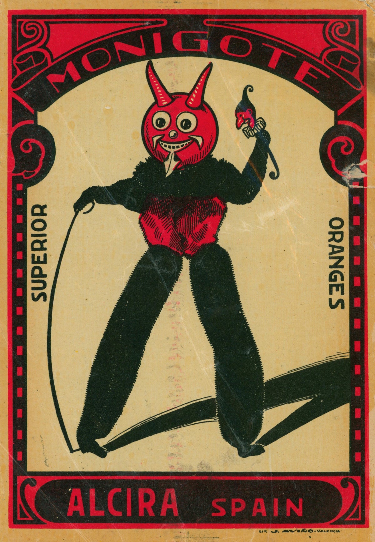 Monigote Devil- Spanish Crate Label - Authentic Vintage Antique Print