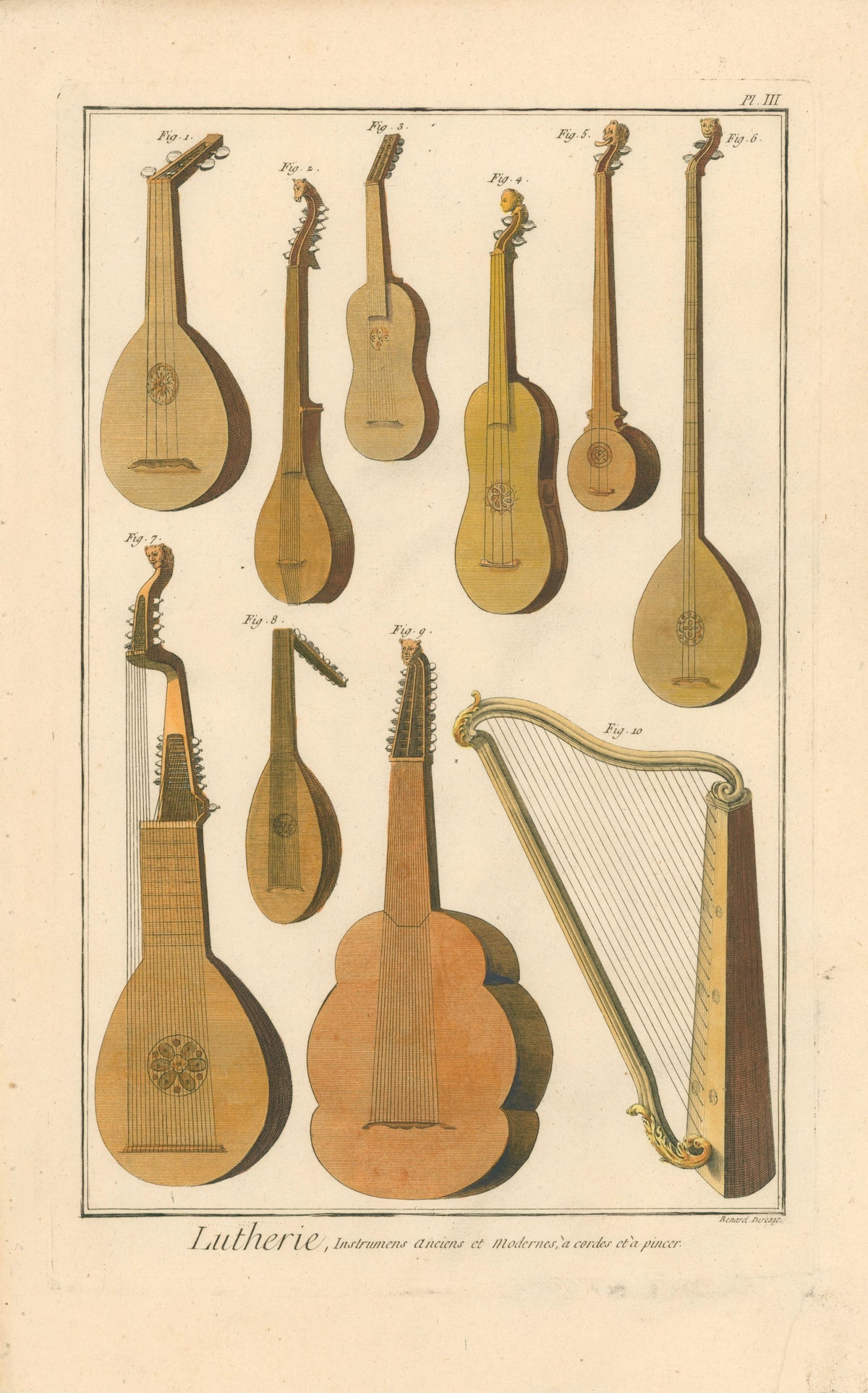 Mandolin, Violin, String Instruments- Hand Colored Engraving