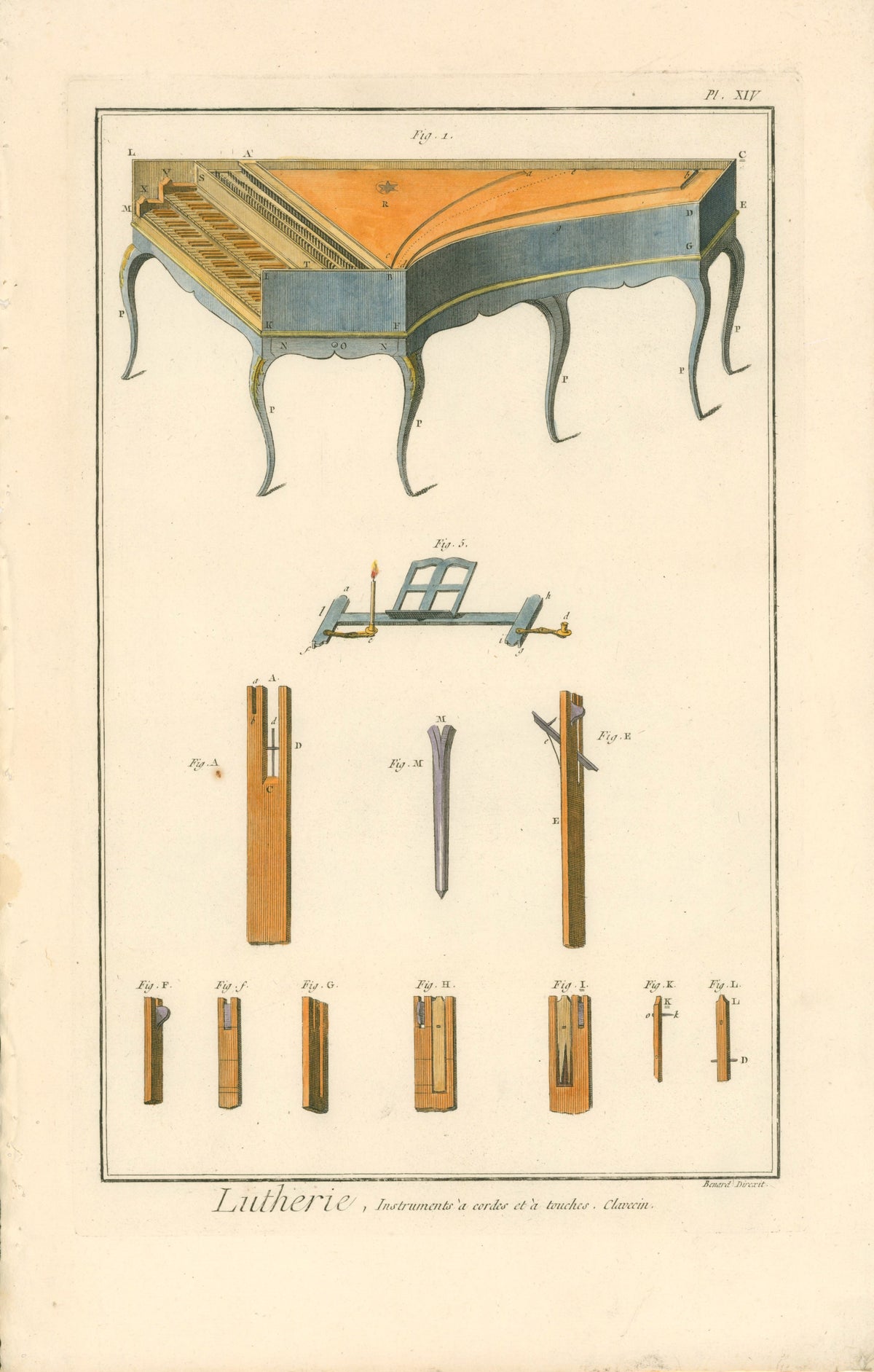 Plucked String Instrument- Hand Colored Engraving