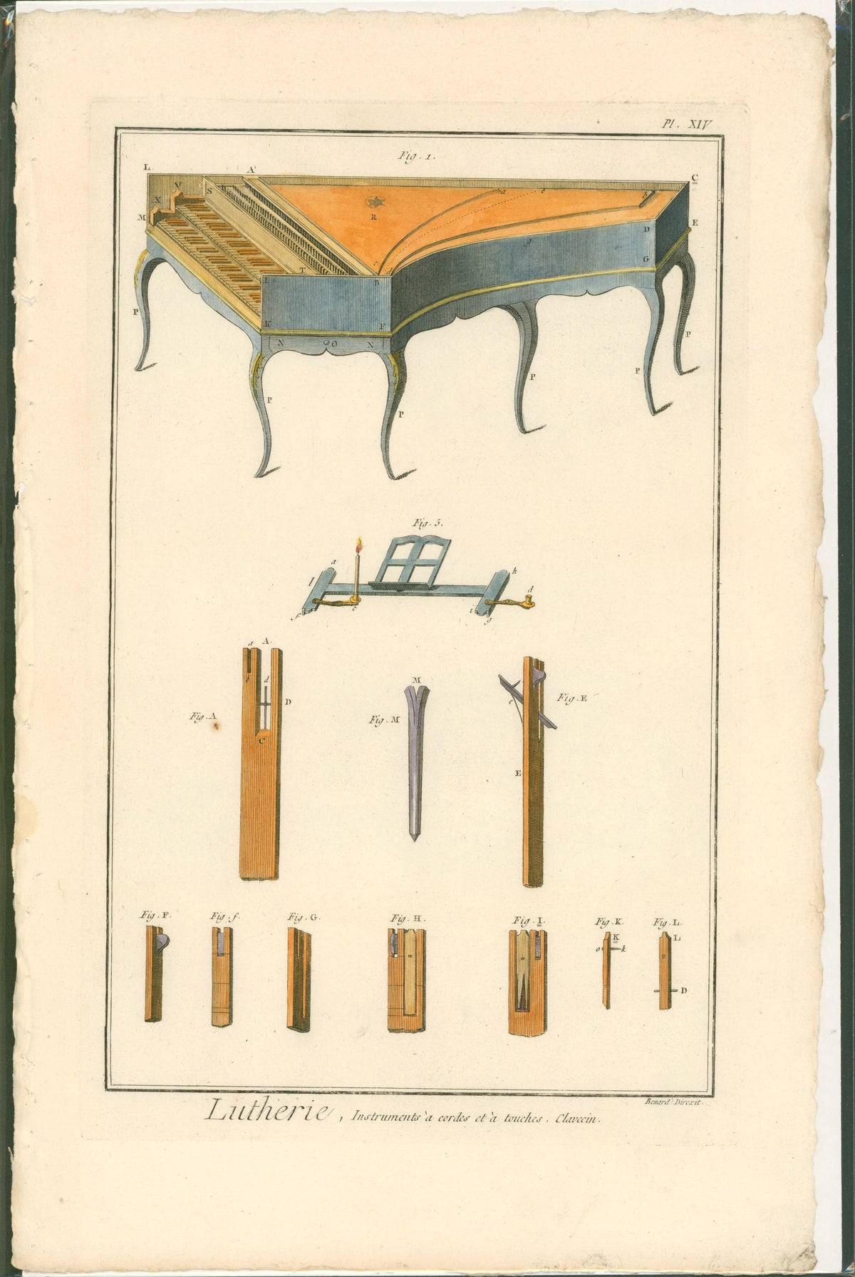 Plucked String Instrument- Hand Colored Engraving