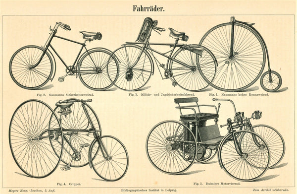 Bicycles and Daimler Motor Vehicle Antique Engraving- Original Antique ...